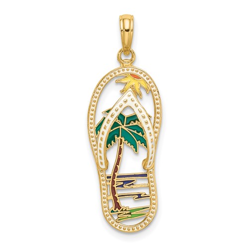 14k Yellow Gold Flip Flop Slipper Sandal Palm Tree Island Pendant Charm