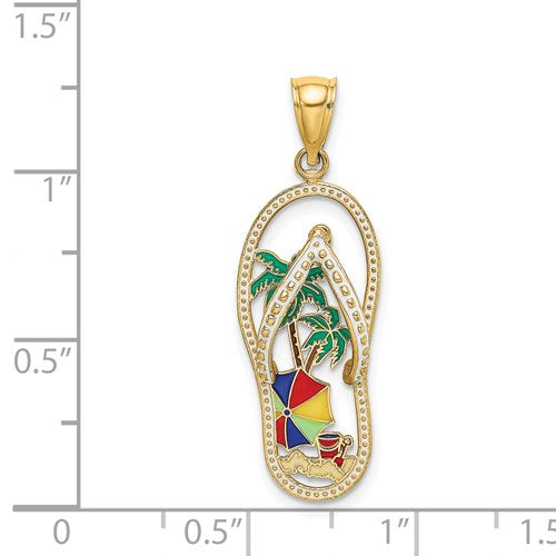 14k Yellow Gold Flip Flop Slipper Sandal Palm Tree Beach Umbrella Pendant Charm