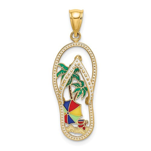 14k Yellow Gold Flip Flop Slipper Sandal Palm Tree Beach Umbrella Pendant Charm