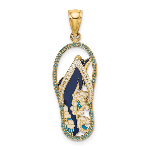 14K Yellow Gold Enamel Flip Flop Sandal Dolphin Pendant Charm