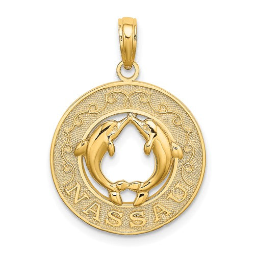 14k Yellow Gold Nassau Bahamas Dolphins Circle Pendant Charm