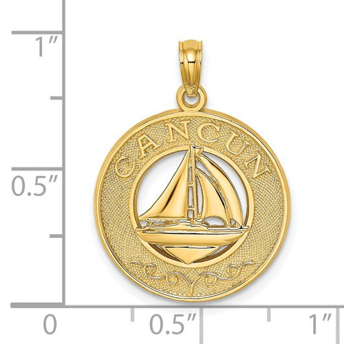 14k Yellow Gold Cancun Mexico Sailboat Circle Pendant Charm