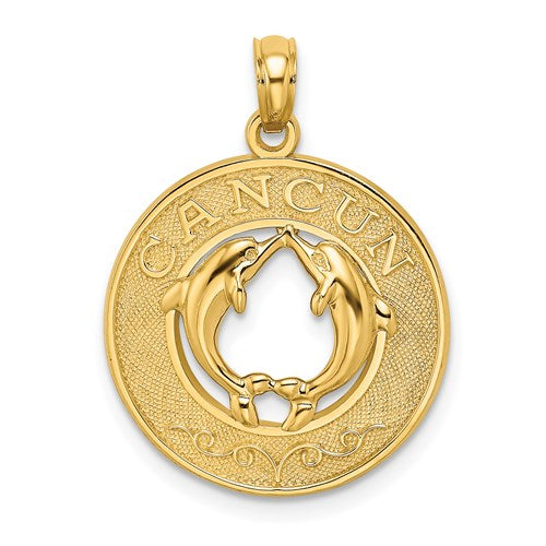 14k Yellow Gold Cancun Mexico Dolphins Travel Vacation Pendant Charm