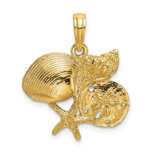 14k Yellow Gold Shell Seashell Starfish Sand Dollar Cluster Pendant Charm