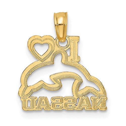 14k Yellow Gold I Love Nassau Bahamas Dolphin Travel Pendant Charm