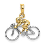Загрузить изображение в средство просмотра галереи, 14k Yellow Gold with Rhodium Bicycle with Rider Cyclist 3D Pendant Charm
