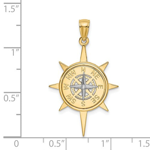14k Gold Two Tone Star Frame Nautical Compass Medallion Pendant Charm