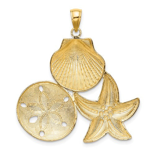 14k Yellow Gold Rhodium Sand Dollar Starfish Scallop Shell Pendant Charm