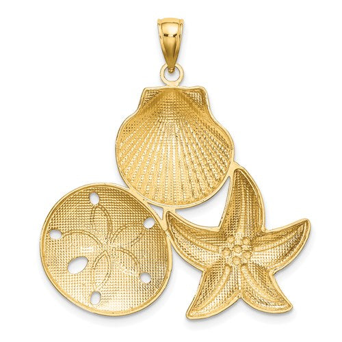 14k Yellow Gold Rhodium Sand Dollar Starfish Scallop Shell Pendant Charm