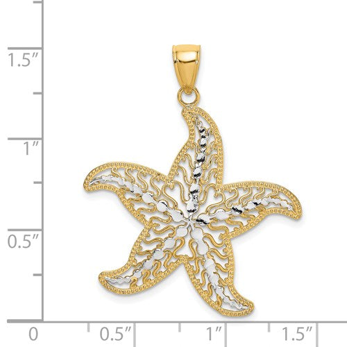 14k Yellow Gold and Rhodium Starfish Filigree Pendant Charm