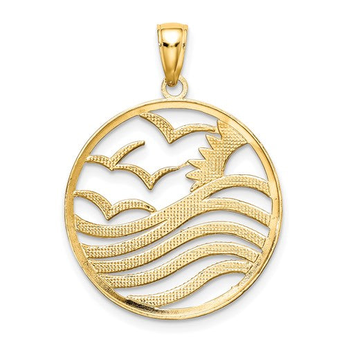 14k Yellow Gold Rhodium Sunset Water Seagulls Beach Ocean Sea Pendant Charm