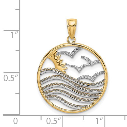 14k Yellow Gold Rhodium Sunset Water Seagulls Beach Ocean Sea Pendant Charm