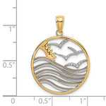 이미지를 갤러리 뷰어에 로드 , 14k Yellow Gold Rhodium Sunset Water Seagulls Beach Ocean Sea Pendant Charm
