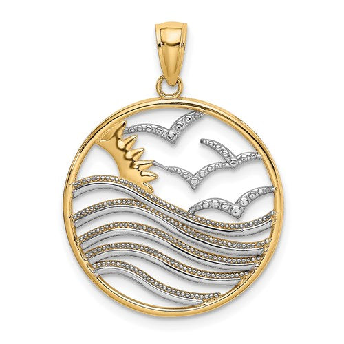 14k Yellow Gold Rhodium Sunset Water Seagulls Beach Ocean Sea Pendant Charm