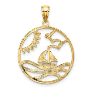 14k Yellow Gold Rhodium Sailboat Sun Water Seagulls Beach Ocean Sea Pendant Charm