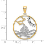 Cargar imagen en el visor de la galería, 14k Yellow Gold Rhodium Sailboat Sun Water Seagulls Beach Ocean Sea Pendant Charm
