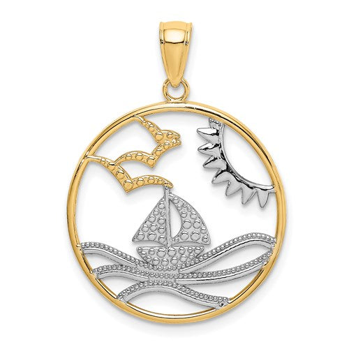 14k Yellow Gold Rhodium Sailboat Sun Water Seagulls Beach Ocean Sea Pendant Charm