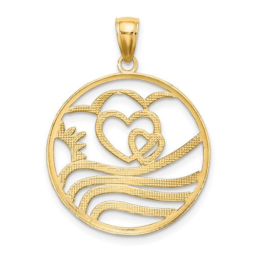 14k Yellow Gold Rhodium Hearts Sun Water Beach Ocean Sea Pendant Charm