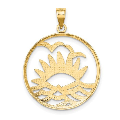 14k Yellow Gold Rhodium Sunset Water Seagulls Beach Ocean Sea Pendant Charm