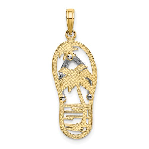 14k Yellow Gold Rhodium Flip Flop Slipper Sandal Palm Tree Beach Sun Pendant Charm