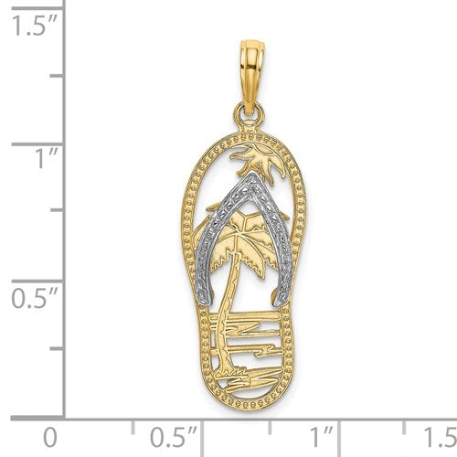 14k Yellow Gold Rhodium Flip Flop Slipper Sandal Palm Tree Beach Sun Pendant Charm