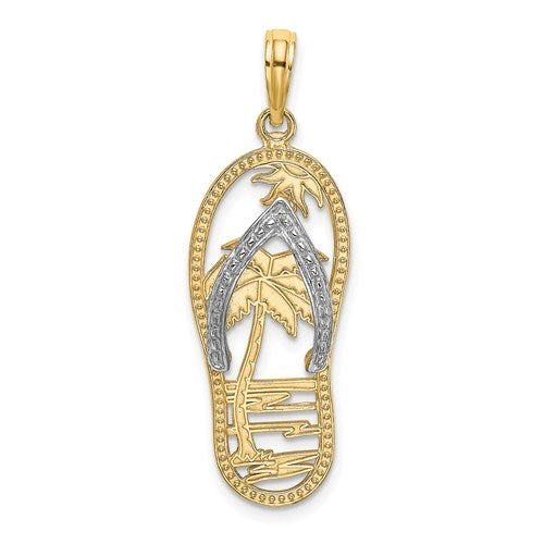 14k Yellow Gold Rhodium Flip Flop Slipper Sandal Palm Tree Beach Sun Pendant Charm