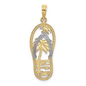 14k Yellow Gold Rhodium Flip Flop Slipper Sandal Palm Tree Beach Sun Pendant Charm