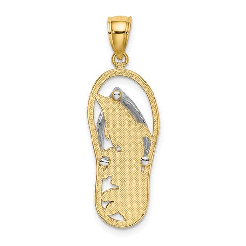 14K Yellow Gold Rhodium Flip Flop Sandal Dolphin Pendant Charm