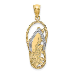 14K Yellow Gold Rhodium Flip Flop Sandal Dolphin Pendant Charm