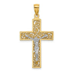 Indlæs billede til gallerivisning 14k Yellow White Gold Two Tone Cross Crucifix Filigree Pendant Charm
