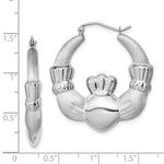 Cargar imagen en el visor de la galería, Sterling Silver Rhodium Plated Satin Finish Claddagh Hoop Earrings 28mm
