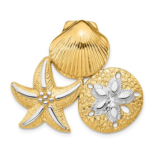 14k Yellow Gold Rhodium Sand Dollar Starfish Scallop Shell Chain Slide Pendant Charm