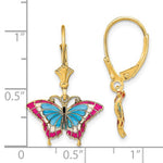 画像をギャラリービューアに読み込む, 14k Yellow Gold Enamel Butterfly Colorful Leverback Dangle Earrings
